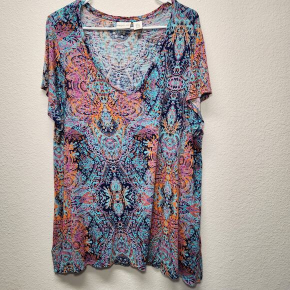 Rachel Zoe 2XL short sleeve Colorful stretch flowy Slouchy top shirt blue orange - Picture 1 of 4